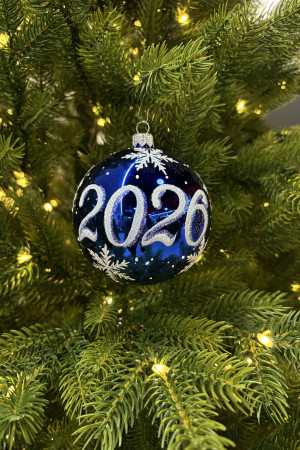 Стеклянный шар 2026 год 95 мм., синий, стекло, Ёлочка (С309/1)