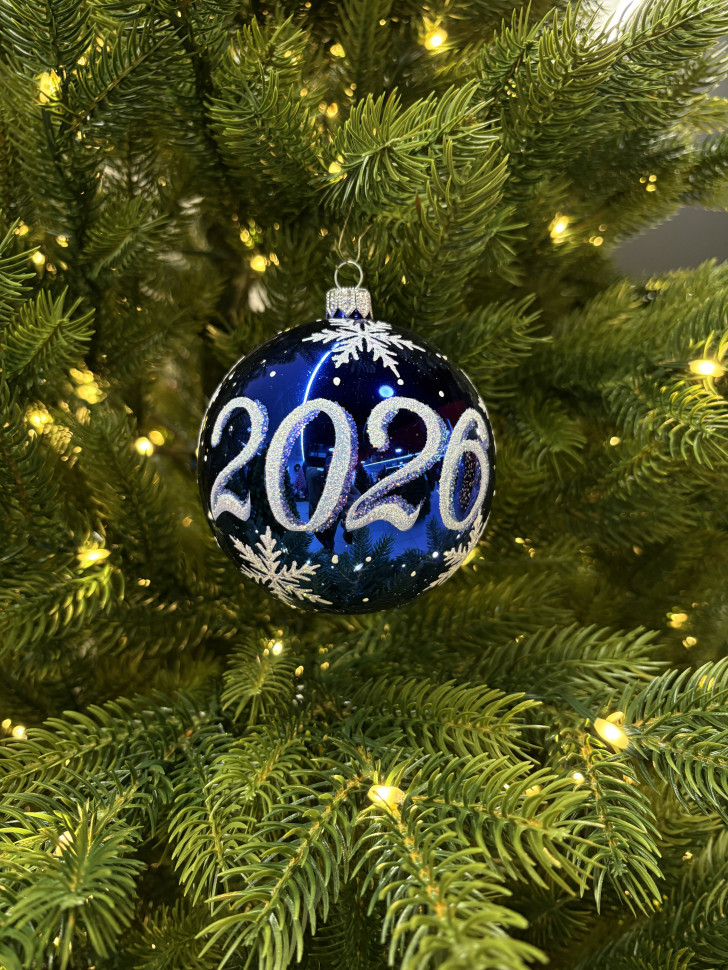 Стеклянный шар 2026 год 95 мм., синий, стекло, Ёлочка (С309/1)