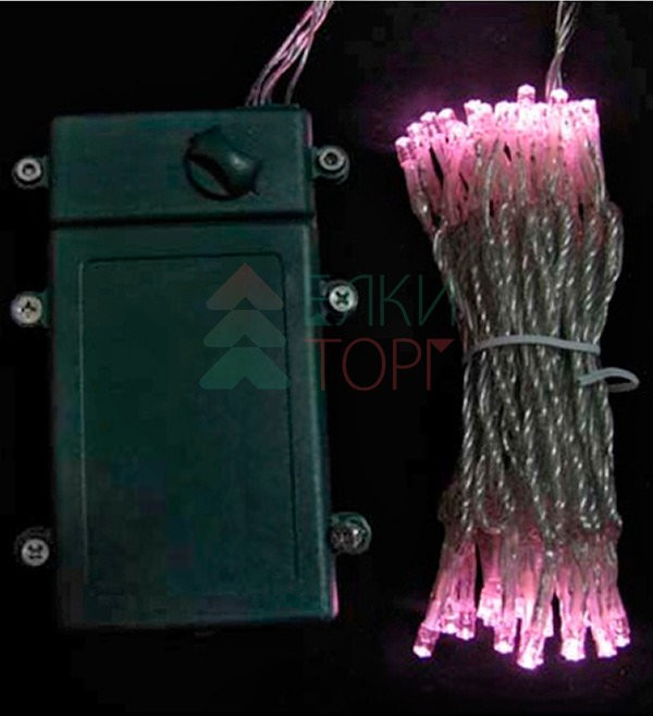 Светодиодная гирлянда 5 м., 3 батарейки типа D 4.5V, 50 LED ламп светло розового цвета, таймер, прозрачный провод, Beauty Led (EST50-4W10-8BP)
