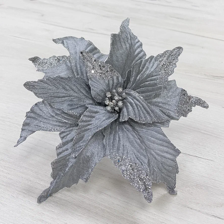 Декоративный цветок Пуансеттия 28 см., серебро, на клипсе, Christmas De Luxe (83425-87299) в Оренбурге
