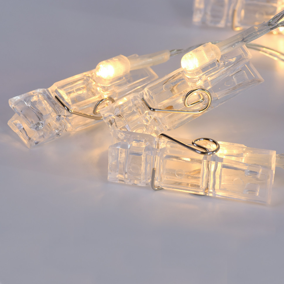 Светодиодная нить Прищепки 20 теплых белых LED ламп, 3 м., батарейки, 8 режимов, пульт, прозрачный провод, Vegas (55117) в Белгороде