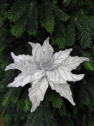 Декоративный цветок Шанель 27*35 см., белый с серебром, на клипсе, House of seasons (83423)