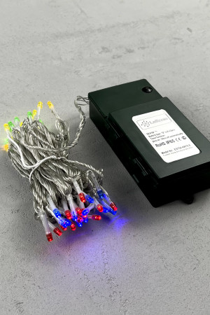 Светодиодная гирлянда 5 м., 3 батарейки типа D 4.5V, 50 разноцветных LED ламп, таймер, прозрачный провод, LTC (EST50-4W10-8M)