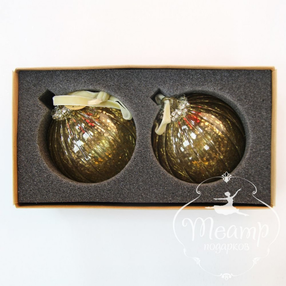  Набор винтажных стеклянных шаров 100 мм, золото, 2 шара в упаковке, Театр Подарков (YUSL5F-164)