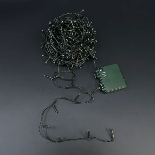 Светодиодная нить String Light 192 теплых ламп, 14.4 м., на батарейках, таймер, зеленый провод, Luca (83790)