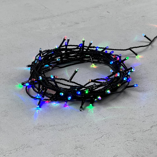 Светодиодная гирлянда 100 разноцветных LED ламп с RGB светодиодом, 10 м., 24V., черный силиконовый провод, IP54, Beauty Led (EST100-11-1RGB)