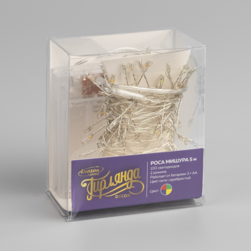 Гирлянда нить-роса 5 м., IP20, серебристая нить, 100 мульти LED, 2 режима, AAх3, Luazon Lighting (5198380)