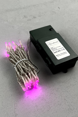 Светодиодная гирлянда 5 м., 3 батарейки типа D 4.5V, 50 LED ламп розового цвета, таймер, прозрачный провод, LTC (EST50-4W10-8P)