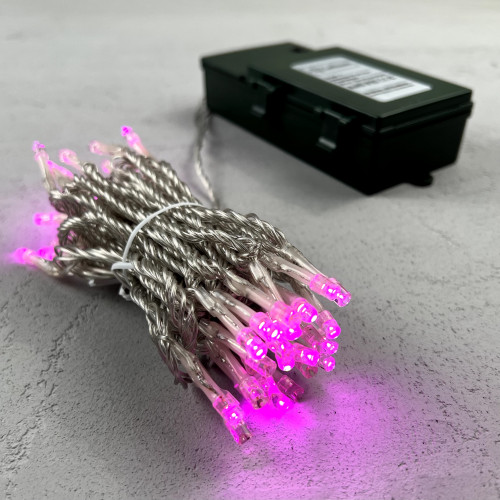 Светодиодная гирлянда 5 м., 3 батарейки типа D 4.5V, 50 LED ламп розового цвета, таймер, прозрачный провод, LTC (EST50-4W10-8P)