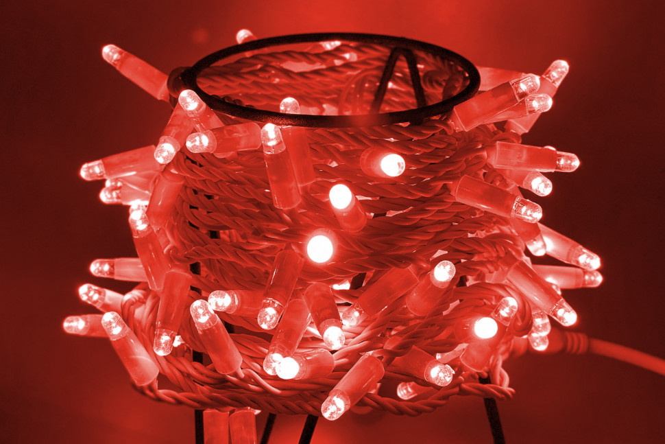 Светодиодная нить 100 красных LED ламп, 10 м., 24В, статика, белый провод ПВХ, Teamprof (TPF-S10C-24V-CW/R)