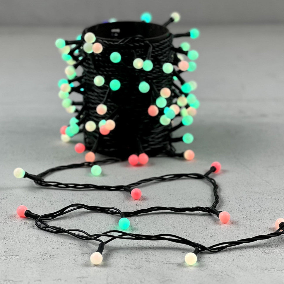Светодиодная гирлянда шарики Fiesta, 10 м., 100 RGB LED  ламп 13 мм , черный ПВХ, LTC (RGB SB100-1-2RGB)