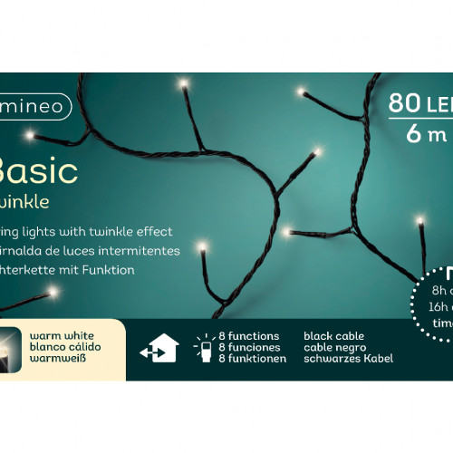 Светодиодная гирлянда с контроллером 6 м, 220V., 80 теплых белых LED ламп, черный ПВХ, Kaemingk (494163)