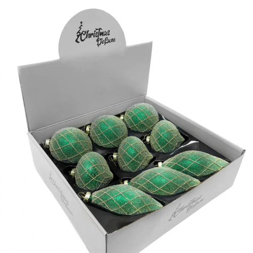 Набор винтажных стеклянных украшений Малахит зеленый в инее 80 мм., 9 шт., Christmas DeLuxe (13112)