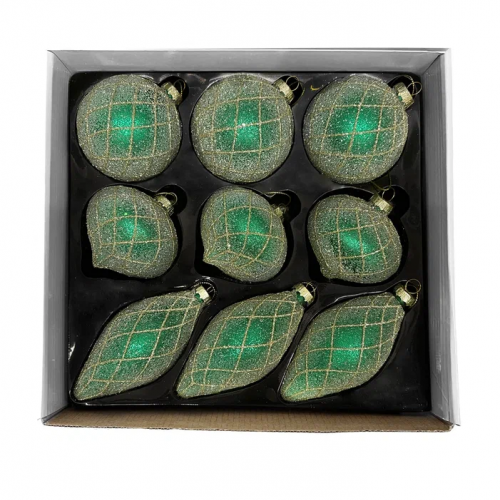 Набор винтажных стеклянных украшений Малахит зеленый в инее 80 мм., 9 шт., Christmas DeLuxe (13112)