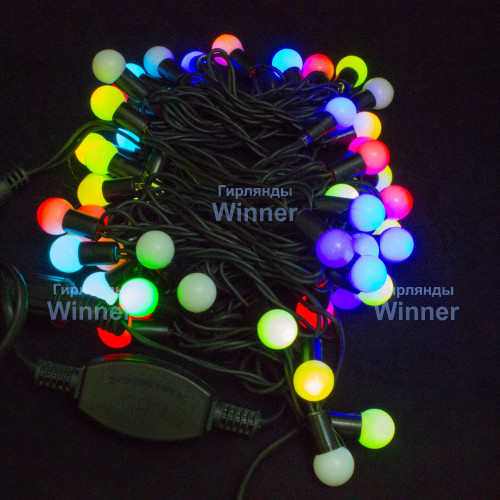 Светодиодная нить шарики 10 м., 220V, 100 разноцветных LED ламп, диаметр шарика 1.8 см, черный каучук, Winner (m.01.7B.100+1,8ball)