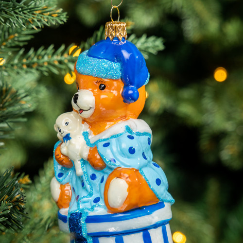 Елочное украшение Медведь на коробке светло-синий, стекло, 14 см., 1 шт., Витус (59214)