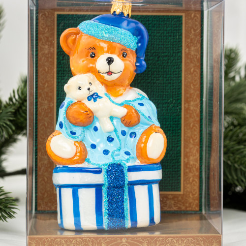 Елочное украшение Медведь на коробке светло-синий, стекло, 14 см., 1 шт., Витус (59214)