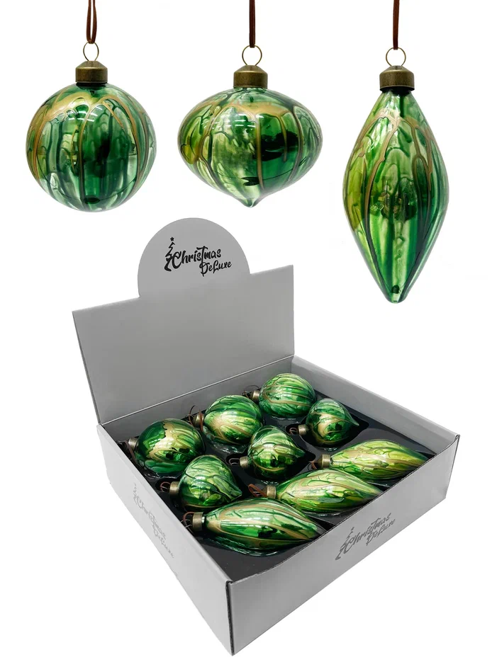 Набор стеклянных украшений Акварель зеленая 80 мм., 9 шт., Christmas DeLuxe (13073)
