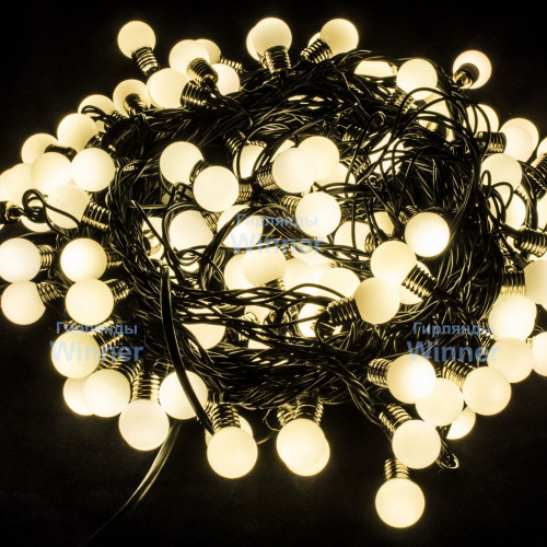 Светодиодная нить мини-лампочки 10 м., 220V, 100 теплых белых LED ламп, диаметр 1.6 см, зеленый провод, Winner (ww.01.5G.100-1,6ball)