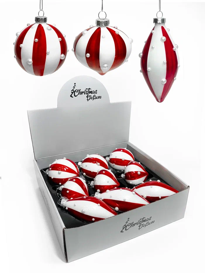 Набор стеклянных украшений Белуччи 80 мм., красный с белым, 9 шт., Christmas DeLuxe (13080)
