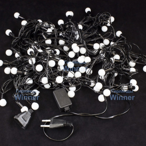 Светодиодная нить шарики 11 м., 220V, 100 разноцветных LED ламп, диаметр шарика 1.2 см, черный силикон, Winner (m.01.5B.100+1,2ball)