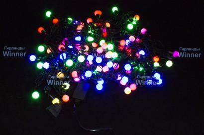 Светодиодная нить шарики 11 м., 220V, 100 разноцветных LED ламп, диаметр шарика 1.2 см, черный силикон, Winner (m.01.5B.100+1,2ball)