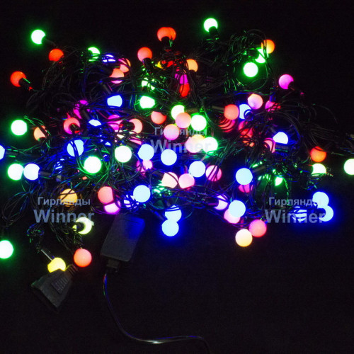 Светодиодная нить шарики 11 м., 220V, 100 разноцветных LED ламп, диаметр шарика 1.2 см, черный силикон, Winner (m.01.5B.100+1,2ball)