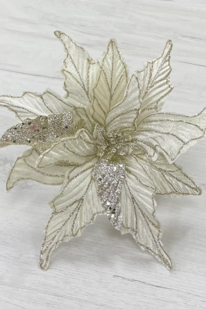 Декоративный цветок Пуансеттия 28 см., шампань с золотом, на клипсе, Christmas DeLuxe (87150)