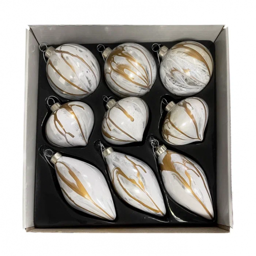 Набор стеклянных украшений Акварель 80 мм., бежевый с золотом,  9 шт., Christmas DeLuxe (13078)