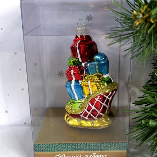 Елочное украшение Сани с подарком, стекло, 10.5 см., 1 шт., Витус (А171)