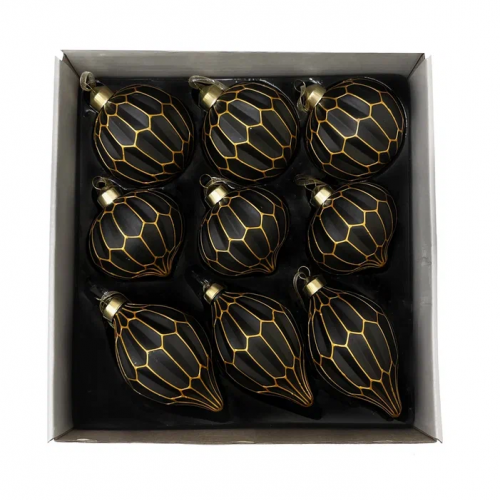 Набор винтажных стеклянных украшений Готика 80 мм., черный-золото, 9 шт., Christmas DeLuxe (13057)