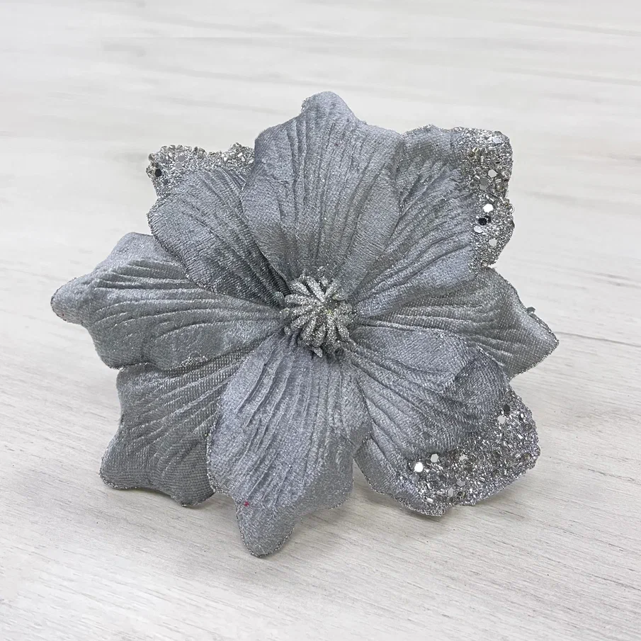 Декоративный цветок Магнолия 20 см., серый, на клипсе, Christmas De Luxe (87317) в Тюмени