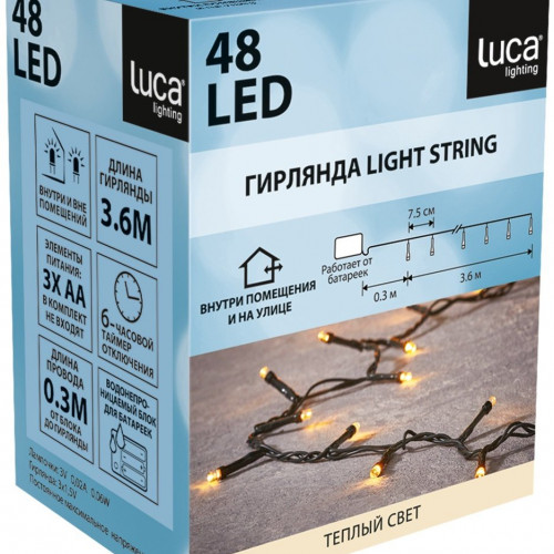 Гирлянда на батарейках 3.6 м., 48 LED ламп теплого свечения, статика, таймер, LUCA Lighting (83784)