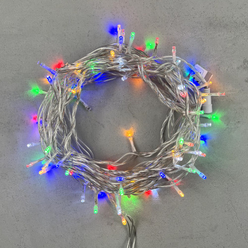 Светодиодная нить 100 разноцветных LED ламп с мерцанием, 10 м., 24В, прозрачный провод ПВХ, LTC (PST100BLW-10-1M)