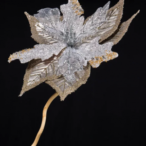 Декоративный цветок Пуансеттия 24х20 см., платина с серебром, на клипсе, Christmas DeLuxe (88921)