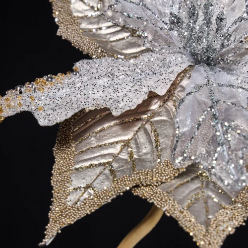 Декоративный цветок Пуансеттия 24х20 см., платина с серебром, на клипсе, Christmas DeLuxe (88921)