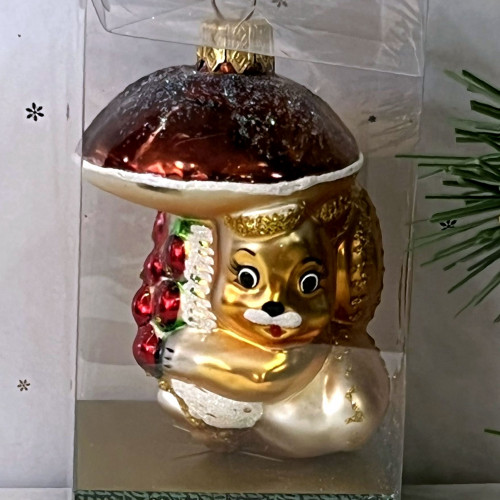 Елочное украшение Белочка с грибом, стекло, 9 см., 1 шт., Витус (А210)
