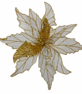 Декоративный цветок Шанель 27*35 см., белая с золотом, на клипсе, House of seasons (83424)