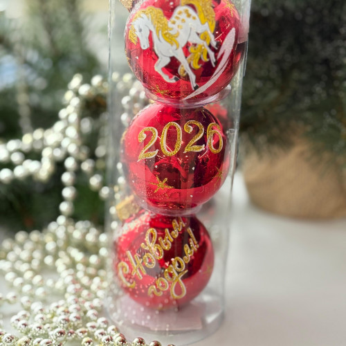 Набор стеклянных шаров Новый год 3 шт., 60 мм., красный, стекло, Ёлочка (С1127/2)