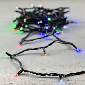 Гирлянда Нить 10 м., Разноцветная с Мерцанием Белого Диода 220В, 75 LED, Провод Черный Каучук, IP65, LTC (LL75BLW-1-2M) 