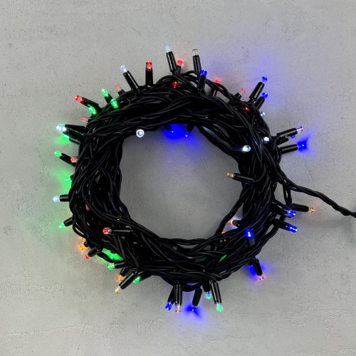 Гирлянда Нить 10 м., Разноцветная с Мерцанием Белого Диода 220В, 75 LED, Провод Черный Каучук, IP65, LTC (LL75BLW-1-2M) 