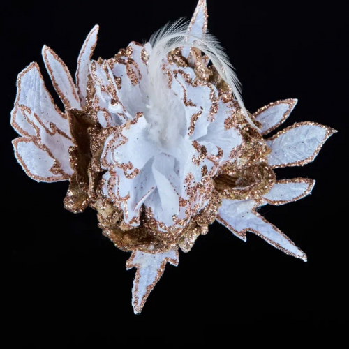 Декоративный цветок Дворцовый Пион 24х15 см., белый с коричневым, на клипсе, Christmas DeLuxe (88924)