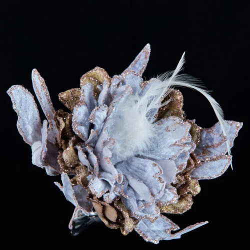 Декоративный цветок Дворцовый Пион, 24х15 см., серый с коричневым, на клипсе, Christmas DeLuxe (88925)