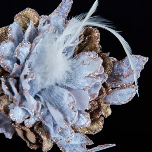 Декоративный цветок Дворцовый Пион, 24х15 см., серый с коричневым, на клипсе, Christmas DeLuxe (88925)