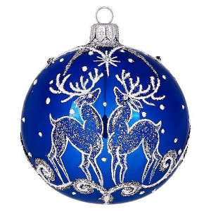 С2168/1 Стеклянный шар Олени 85 мм.,синий, Ёлочка