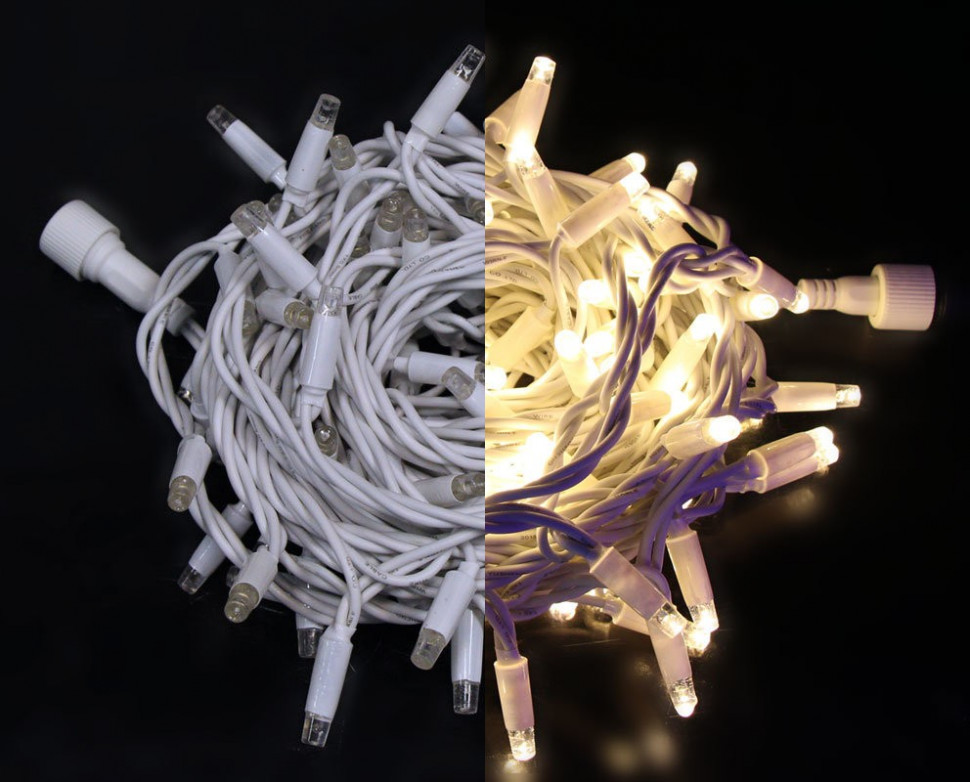 Светодиодная нить на цветном проводе 10 м., 24V, 100 теплых белых LED ламп, белый провод, Rich LED (RL-S10C-24V-RW/WW) 