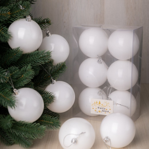 Набор пластиковых шаров Анет 80 мм., белый глянцевый, 6 шт., ЕлкиТорг (150334)