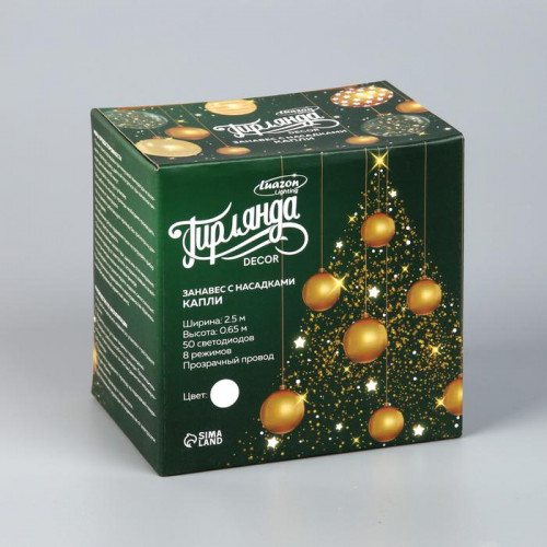 Гирлянда-занавес Капли 2.5*0.65 м., IP20, прозрачная нить, 50 LED, свечение белое, 8 режимов, 220 В., Luazon Lighting (3612411)