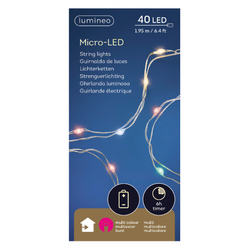 Светодиодная нить Роса 40 разноцветных LED ламп, 1.95 м., на батарейках, серебряный провод, Kaemingk (481758)