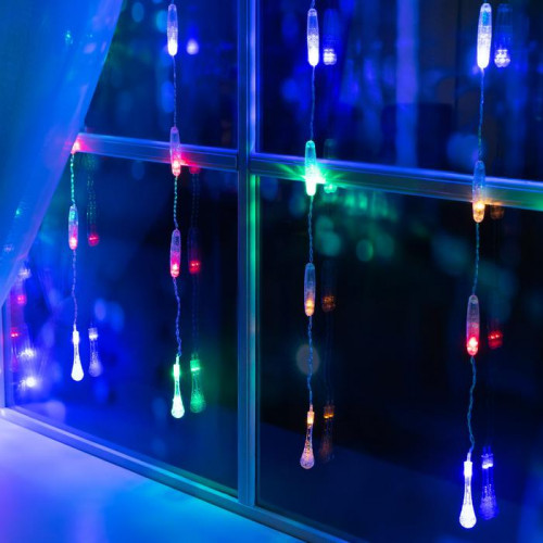 Гирлянда-занавес Капли 2.5*0.65 м., IP20, прозрачная нить, 50 LED, свечение мульти, 8 режимов, 220 В., Luazon Lighting (3612410)